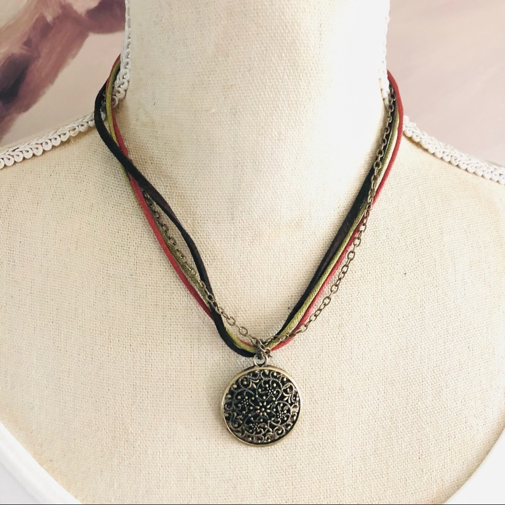 Brass filigree pendant multi strand cord chain necklace
